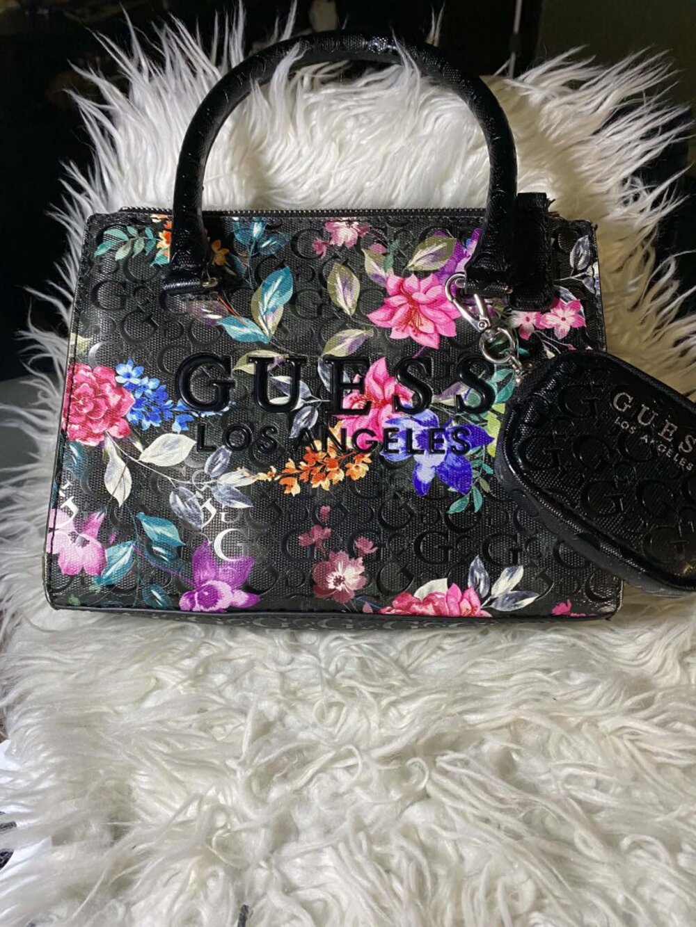 Guess Broderick Pink Blue Floral Black Satchel Purse